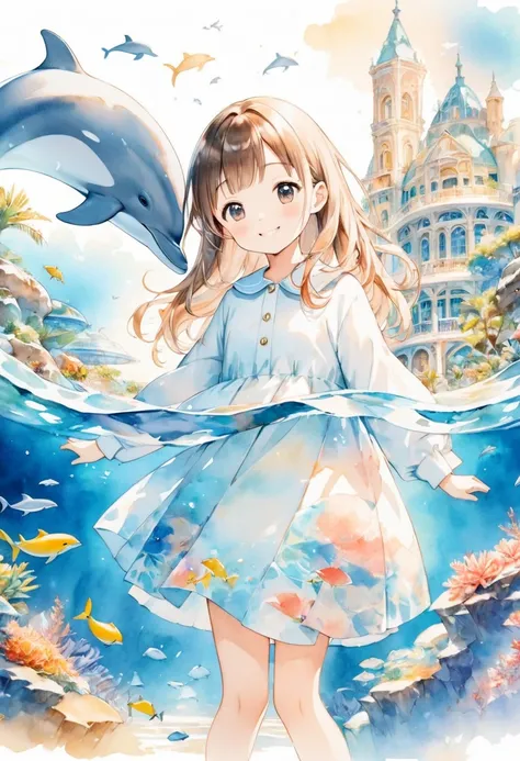 Aquarium and dolphin background 、A smiling woman in the anime is slouching with a dolphin、Long sleeve dress、The sleeves are fluffy、 watercolor style 