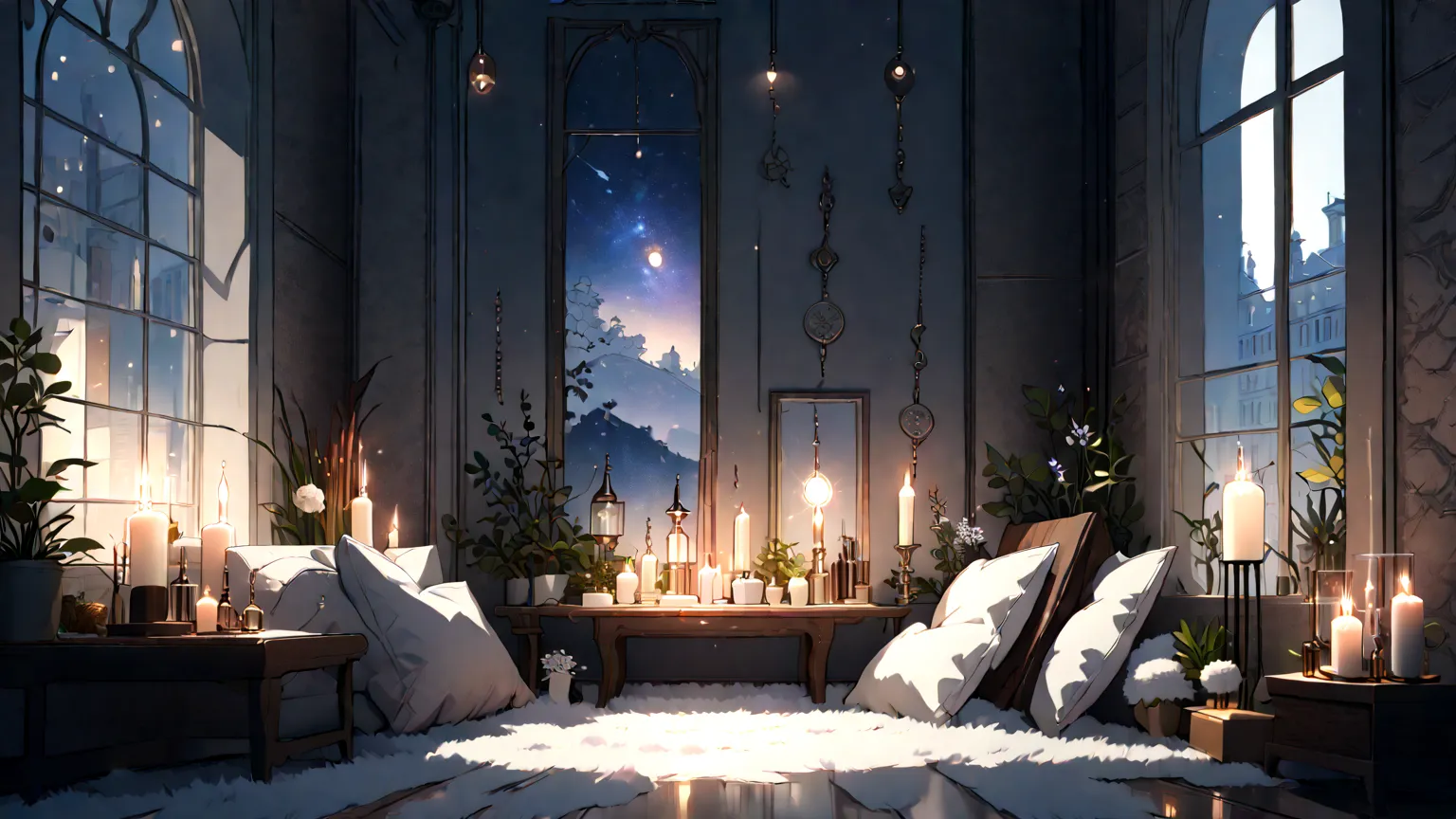 stylish and cute room background, simple,a very huge window,warm, aromatic candles