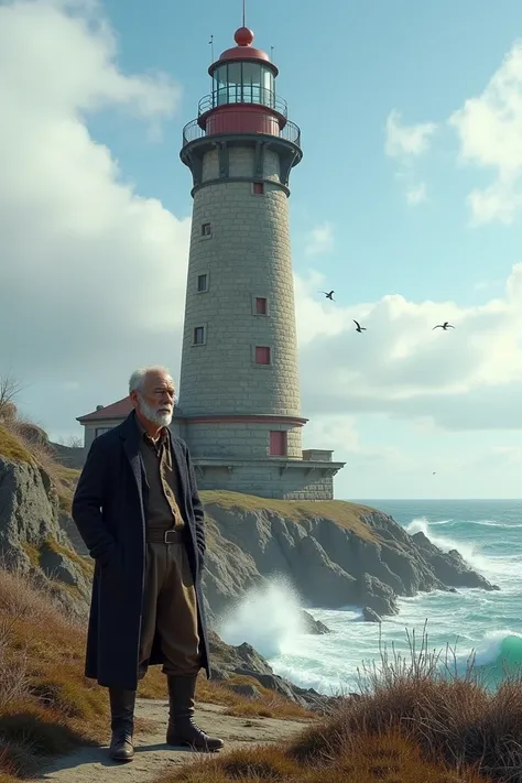  Create for me a realistic image in 9 : 16 lighthouse of a large old oceanfront lighthouse . In front of the , There must be an old man dressed in an old outfit. 