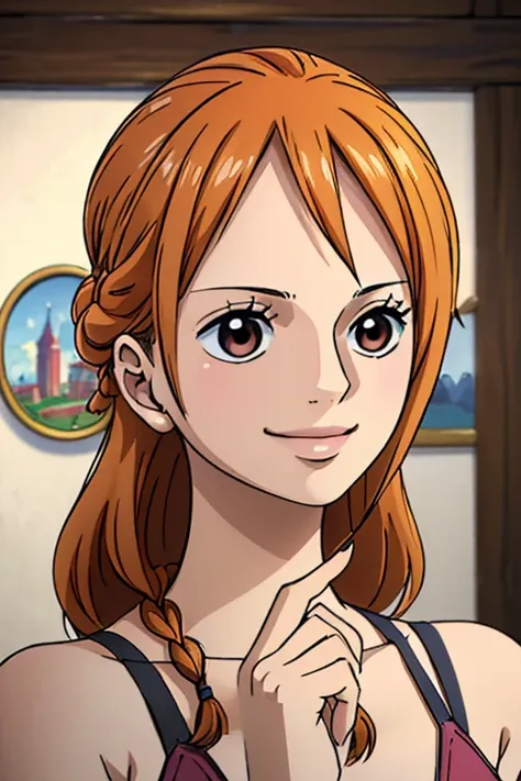  ( Supreme Masterpiece, best quality, 4K, 8k,  Hi-Res, masterpiece:1.2), Super detailed, (Realistic, photoRealistic, photo-Realistic:1.37) , dress, must be made in an anime style ,Her hair is bright orange, Beautiful Hair, Beautiful Hair型,(Delicate Braid 1...