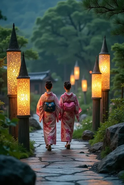 Cinematic film of Japanese women with dark brown hair , use, kimono pink white cherry blossom motif ,  is running looking at the camera at the site of a path illuminated by a row of unique and artistic garden lights.  The lamps are in the shape of a tall c...