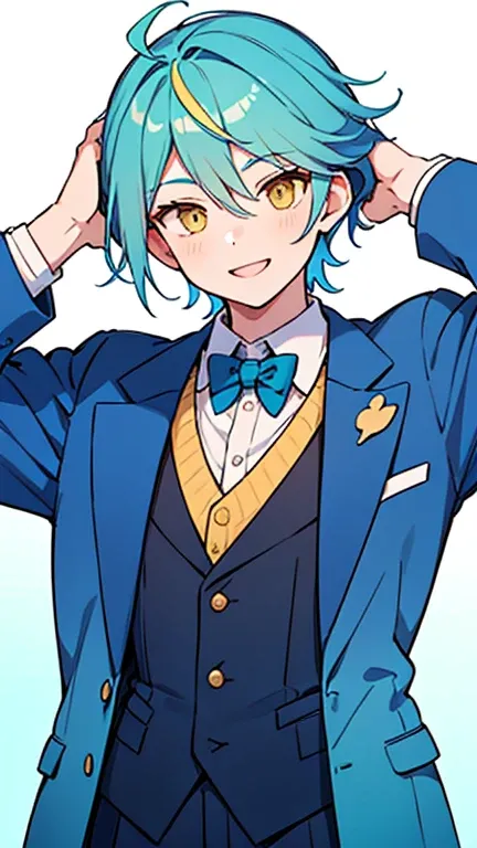 ((Mint color,  A man with blue gradient hair and yellow eyes)),(( Im wearing a blue college-colored suit )),bangs,   between heads ,   smiling 