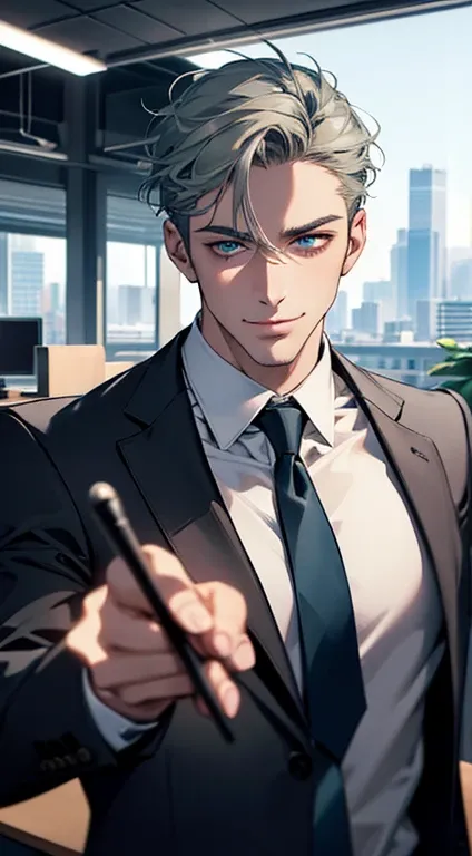 (best quality,4k,8k,highres,masterpiece:1.2),ultra-detailed,(realistic,photorealistic,photo-realistic:1.37),1 man,31 years old,mature man,very handsome,without expression,smile,short grey green hair,blue eyes,penetrating gaze,perfect face without errors,im...