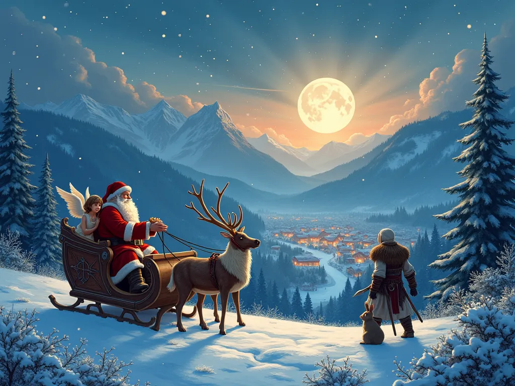 "Create an enchanting winter scene that blends elements of fantasy and holiday spirit for a Christmas card illustration. The scene should feature Santa Claus riding a traditional wooden sleigh, pulled by reindeer, with a young angel  perched on the sleigh holding a plate of treats. A mysterious, strong warrior-like figure stands nearby, dressed in ancient garb, wielding a sword and gazing over a snowy, moonlit village nestled in a valley surrounded by mountains. The sky is painted in deep hues of twilight, casting a mystical glow over snow-covered trees and shimmering, crystalline bushes. A curious rabbit sits in the foreground, watching the scene unfold. Capture the blend of peaceful holiday wonder and the epic grandeur of an adventure."