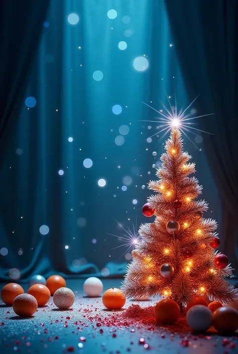 Photography in the power of the Blue Light, a theatrical curtain with a Christmas tree in red and white glitter, with white sparkles , tangerines , Bubbles,  with white sparklers ,  using muted colors and soft lighting to create a nostalgic and dreamy atmo...