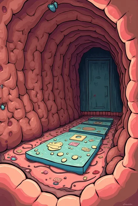 Make an empty side room inside a human beings small intestine, Make a floor on the side , Something kind of comic book