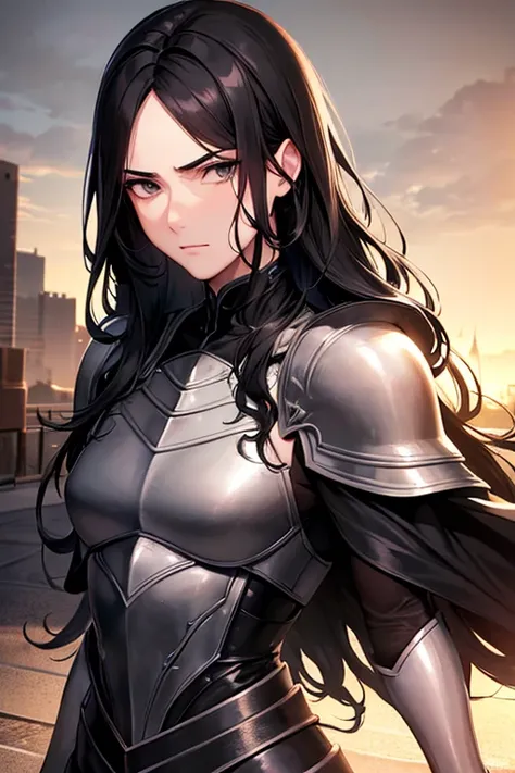 tall man, strong build, knight, pitch black armor, casual pose, upper body shot, (focus face), (super detailed black eyes:1.4, pitch black eyes, detailed eyes), (middle long wavy black hair, shining black hair), masculine face, young man, neutral expressio...