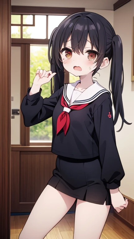 One person, cute,cute,woman, woman,大人のwoman,Tall, tall,Long legs, slender,slim, slender, black hair, twin tails, and open your eyes wide,uniform, black sailor suit, black miniskirt, frightened,Scared, turns pale,Trembling,cry,headを見せる,head,Tilt your face,I...