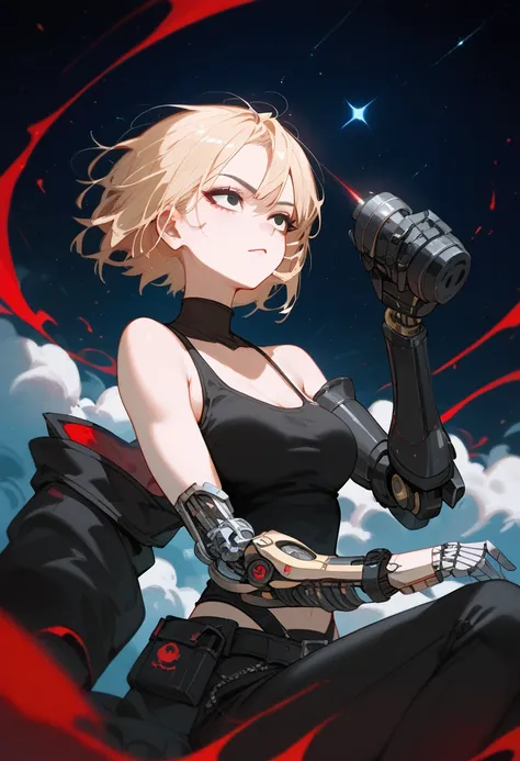 girl,Light blonde hair, in black eyes,Fierce face, Black Tank Tops , black mechanical prosthetic sleeves , have red fabric with artificial sleeves, medium breasts, , black trousers ,Sit facing the stars ,Watch the Moon ,Short hair,cool