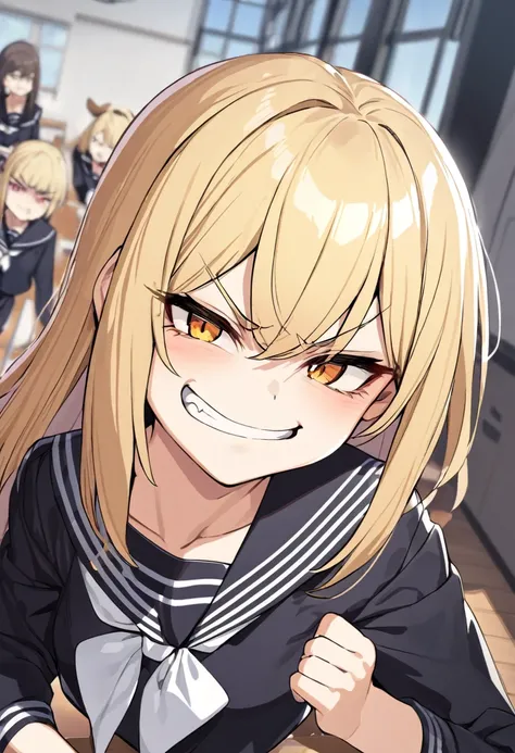 Girl, school, black sailor uniform, blonde, bully, bullying viewer, HD, smug, slim, small chest