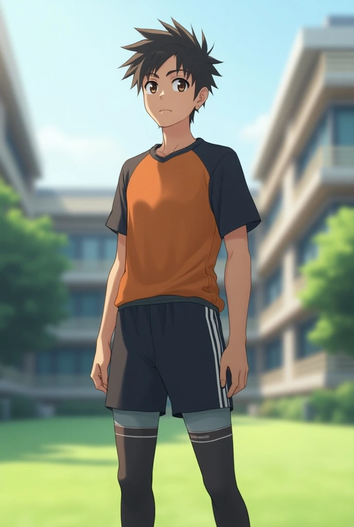 Teen Asian boy wear schools sport uniform with thigh high socks 