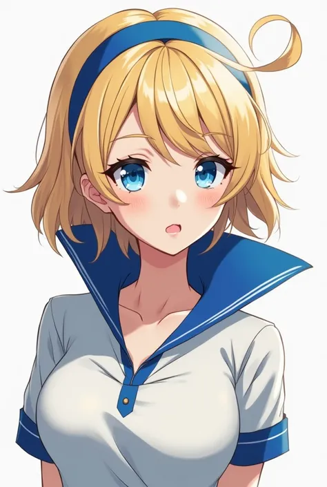 Blonde Anime Maria Robtnik with blue eyes wearing a blue headband and wearing a Massive Blue Popped Collar Polo with her collar fully popped up
