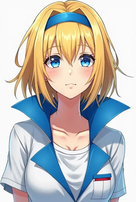 Blonde Anime Maria Robtnik with blue eyes wearing a blue headband and wearing a Massive Blue Popped Collar Polo with her collar fully popped up
