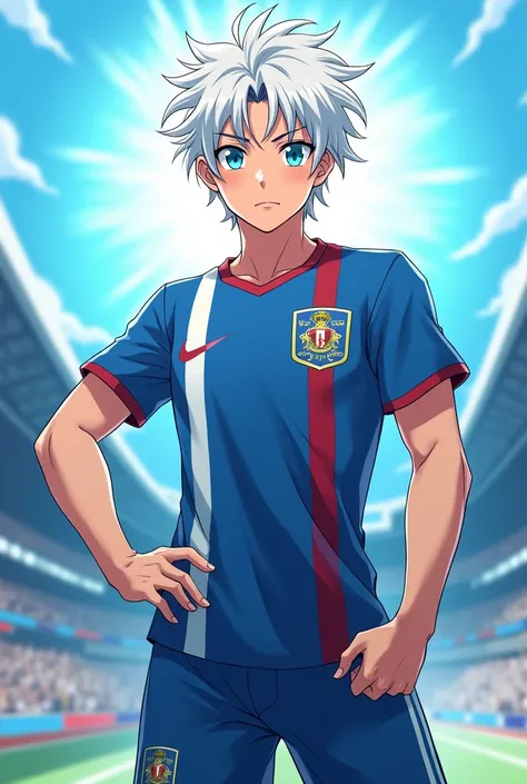 ( best quality ，highest resolution) Anime drawing,  Sporting FC mens soccer player， Clear facial expressions ，light blue eyes with shine，young and handsome，Sunny vitality，average height，sturdy and strong, white hair, blue aura