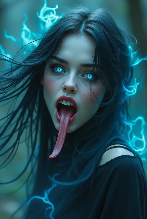 a woman with long hydrogen-blazing hair.  With a long split tongue .  Open Mouth ,  Looking at the viewer, Blue slit eyes ,  pointed very long teeth  