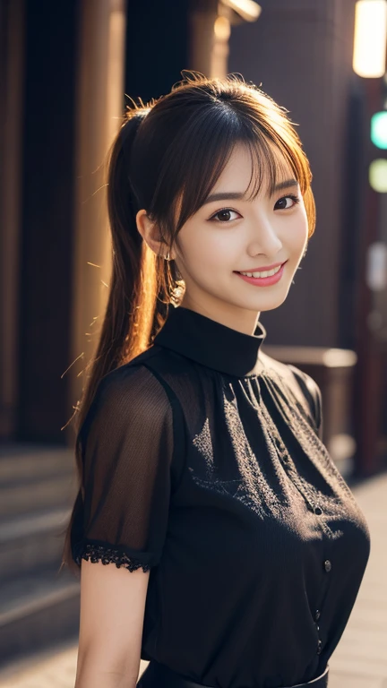  1 girl, (Wearing a black blouse:1.2),  beautiful Japanese actress, ( ponytails:1.3),
( RAW Photos,  best quality), (Realistic,  Photo Real:1.4), masterpiece, 
 Very Delicate and Beautiful,  very detailed, 2k wallpaper,  amazing, 
finely,  very detailed CG...