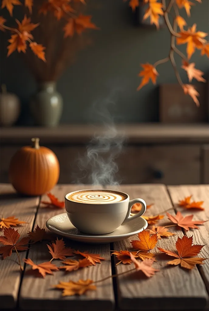 Table full of dry leaves and a cup of coffee with milk in the middle in a rustic kitchen 