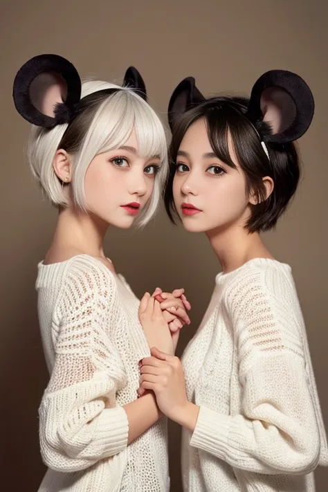 twins, Mouse Girls, short hairy white hair ,  big round mouse ears,  white sweater,  holding hands, (( dark brown eyes)),  couples after insertion, beautiful,  glossy lips,  Details Eyes   