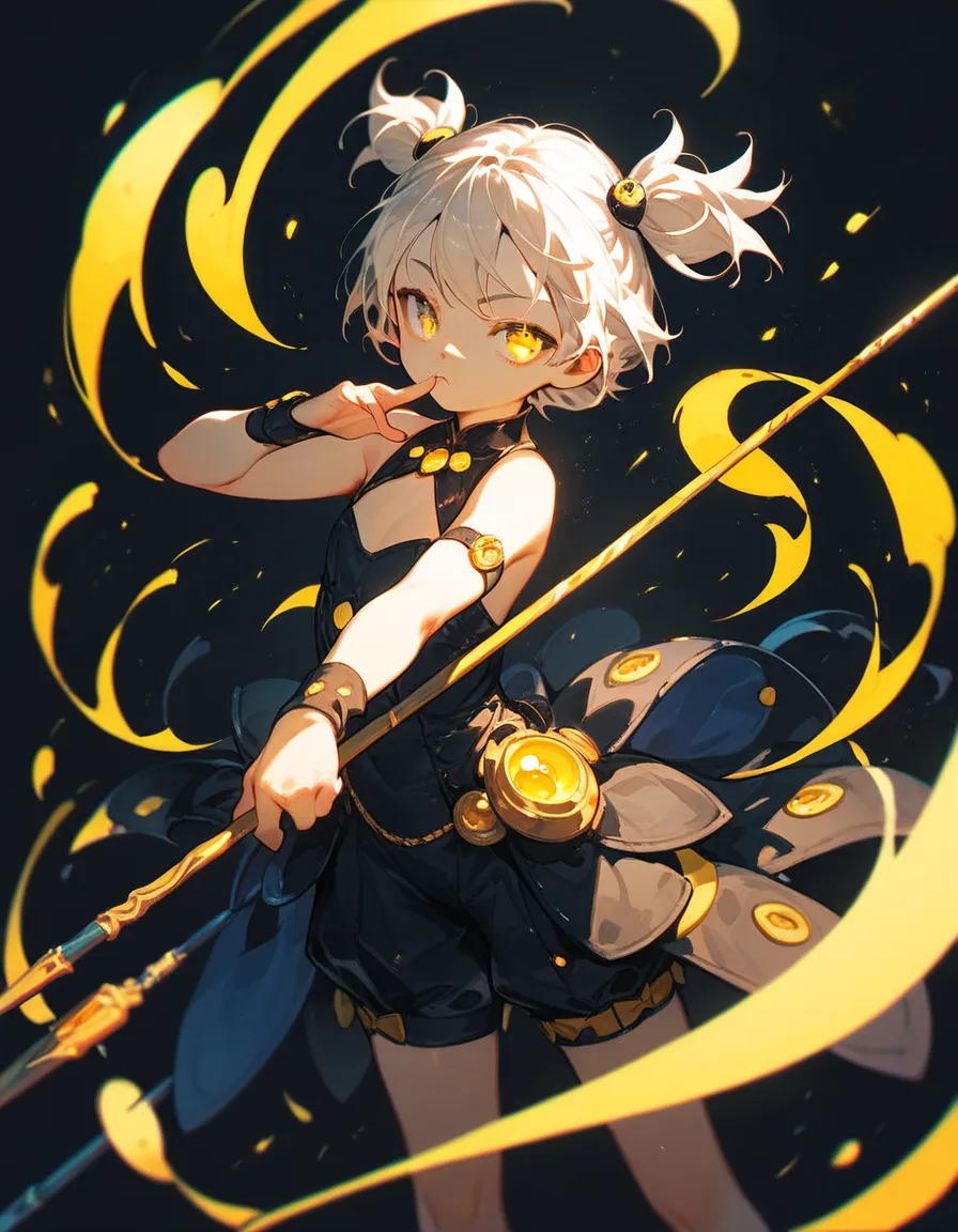 (best quality, ultra high resolution), ultra detailed, boyish girl, yellow eyes, shining eyes, short white twin tails, standing pose, dramatic lighting, Motion holding a spear, Small chest, Gacha splash, yellow cinematic light source, black background