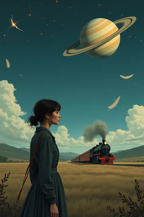 Lonely woman watching a train car leaving this train releases smoke , in this same landscape we can observe Saturn in the background and colorful stars and bird feathers falling