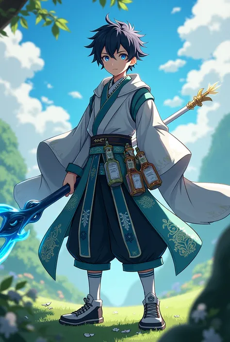 A character from Genshin Impact with Vision Hydro and his weapon, a Japanese Inazuma javelin with black hair and blue eyes and with chemical bottles tied to the side of his waist and is a boy