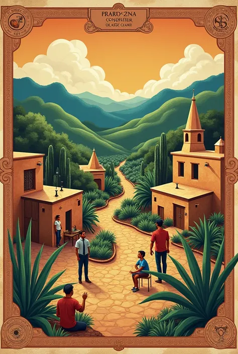 , an image that combines traditional Oaxacan elements with the production of mezcal, in a style reminiscent of an old map ."