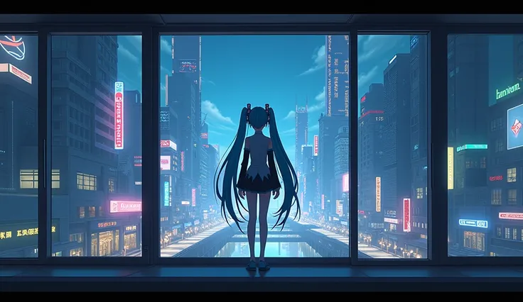 (Photorealism: 2.0), Ultra Realistic, nighttime view of Hatsune Miku standing in a window looking out at a city, dreamy cyberpunk girl, cyberpunk dreamscape, dreamy night, in cyberpunk city, digital cyberpunk - anime art, calm night. digital illustration, ...