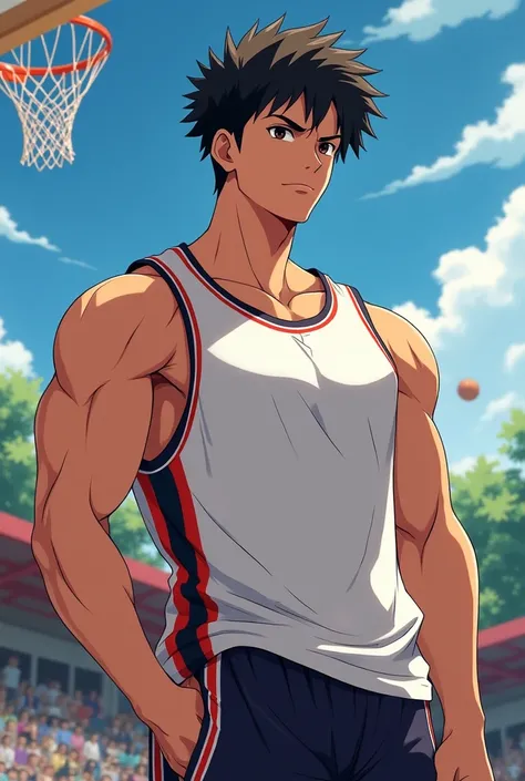 Muscular basketball boy wearing loose tank top anime style best quality 