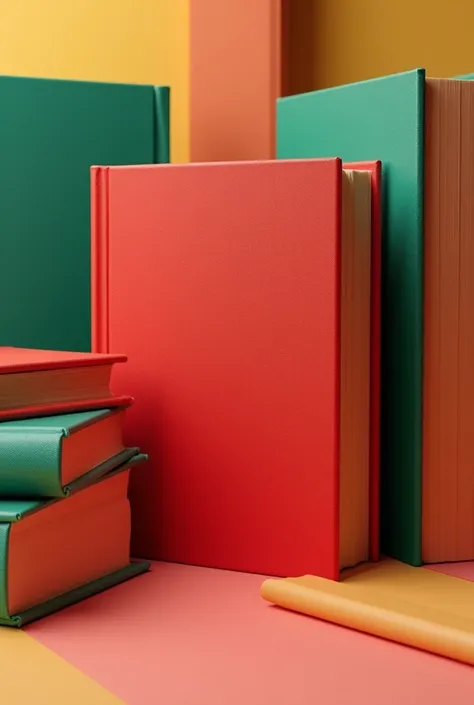 Create a 3D realistic thesis image, majoring in education, the thesis cover is red in an upright, slanted position, and there is also a 3rd position in green.