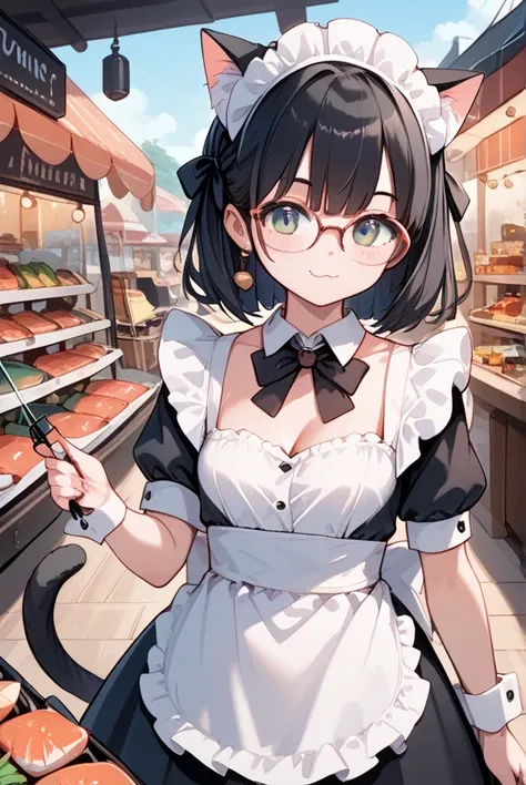 Black hair, glasses, cat ears, cat tail, maid outfit, fishing port, fish market, big fish, shopping