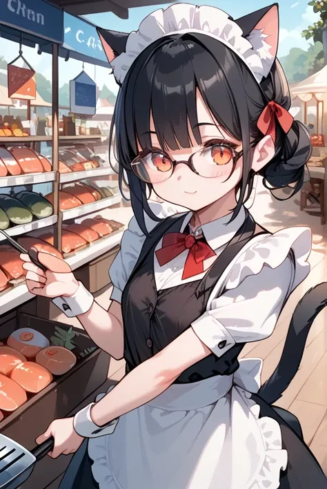 Black hair, glasses, cat ears, cat tail, maid outfit, fishing port, fish market, big fish, shopping