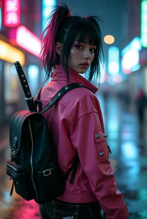 (highest quality, 8k, masterpiece, (Photoreal:1.4), looking at the viewer, medium body angle, punk girl, quirky hair, ((pink and black punk clothes with studs)), ((Holding a big knife:1.5)), (Black and pink hair:1.5), ((black backpack on the back)), wacky ...