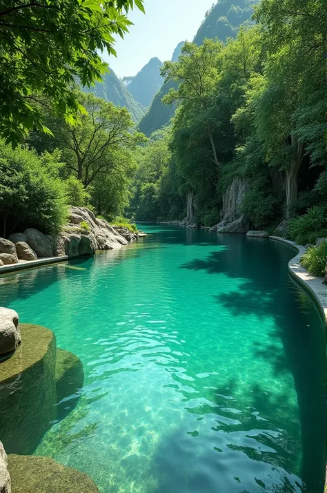 A large pool with clean and green waters 