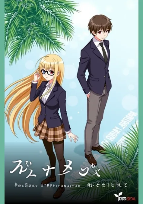 An illustration of a 17-year-old female character with long, straight yellow hair wearing round glasses with a white frame,And ruby red eyes ,And wearing a womens black blazer with a white blouse underneath a black plaid skirt ,And black socks 
And a boy w...