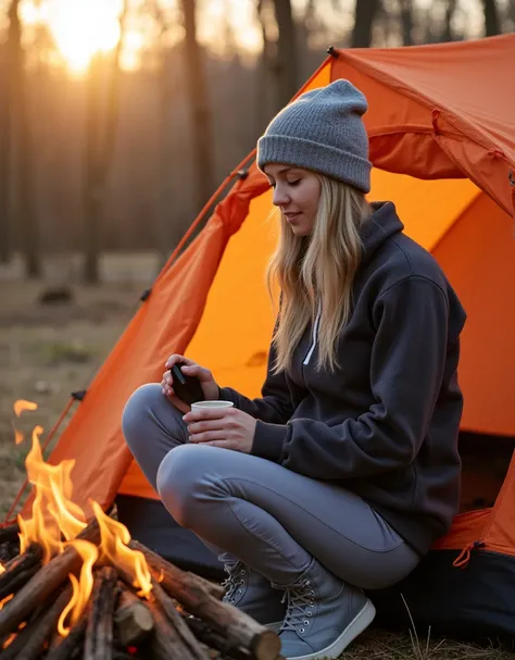 A professional outdoor photography of a beautiful young blond woman camping the wood; she wearing an fleece jacket, sweatpants and gray wool hat; she sitting outside of her orange tent; she holding a cup of coffee; small campfire; winter season; cozy atmos...