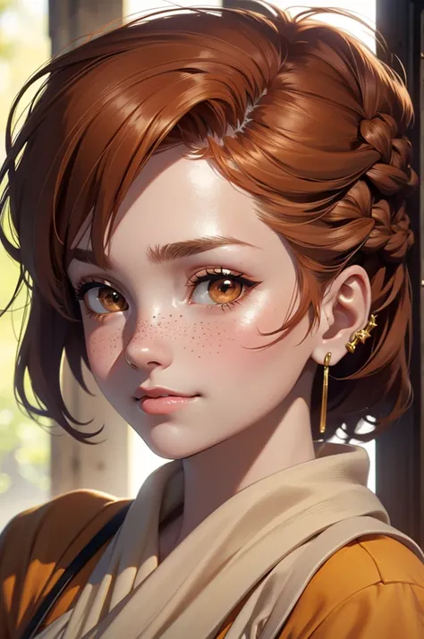 Beautiful 20 year old european woman with dark auburn hair, bangs, short hair, braided updo, freckles, dimples: 1.3, hazel eyes, high quality, high detail, perfect features, perfect face, determined look, portrait, sunburst earrings