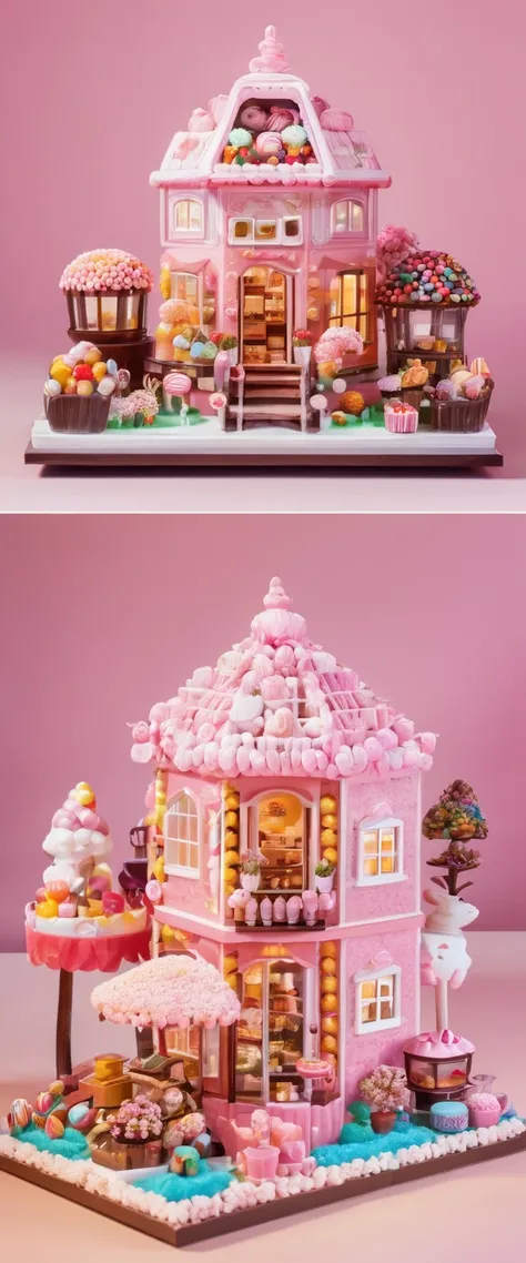 high quality, detailed, the indoor of the cute and small house made of candies and chocolates and sweets