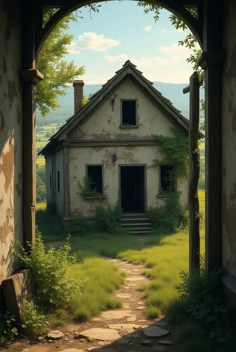 The interior of a small dilapidated country house, with fields and trees , Realistic 