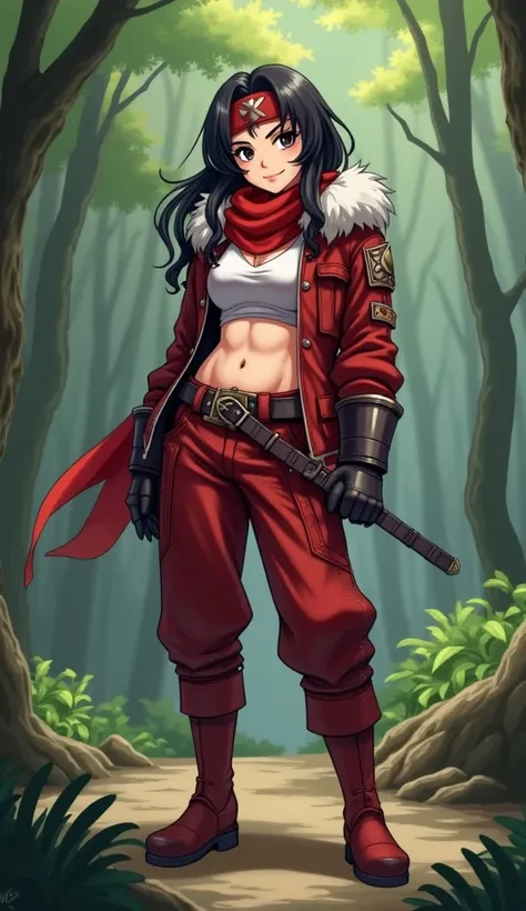 a teenager.black hair.Red Scarf (forehead protector). Red Scarf.fur shoulderplate.Fur collar . Red Leather Jacket.(Chest Exposure .6 Belly )Bare Breasted Open Belly . chest hair. without a top . Glove Armor . Heavy Belt . Knee Length Pants (Bow ). Red Leat...