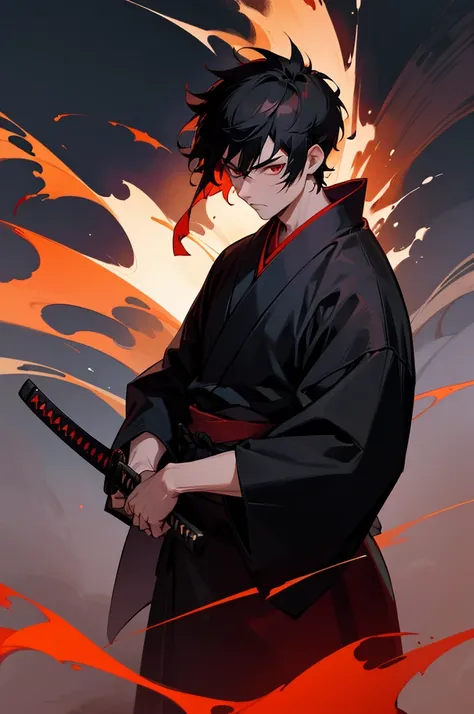 Male Japanese Samurai ,  short hair,  scar on the face ,  black kimono with red details,  with black katana ,  at night with reddish sky 