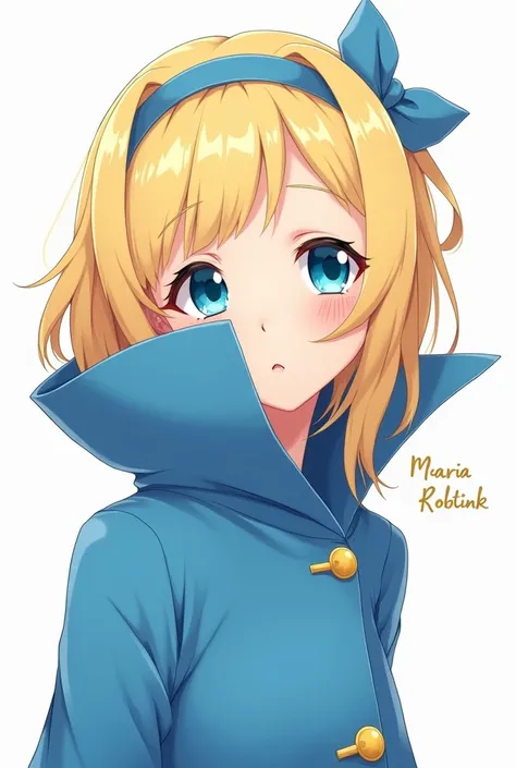 Cute Blonde Anime Maria Robtink with blue eyes wearing a blue headband and wearing a Massive Blue Popped Collar Polo with her collar fully popped up Taller than her head