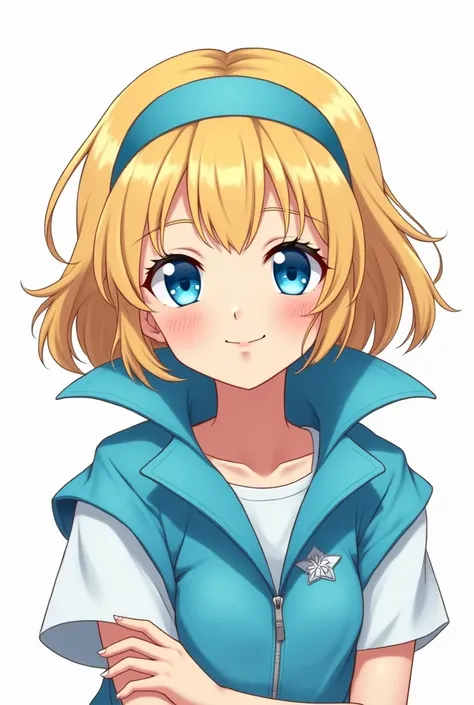 Cute Blonde Anime Maria Robtink with blue eyes wearing a blue headband and wearing a Massive Blue Popped Collar Polo with her collar fully popped up Taller than her head