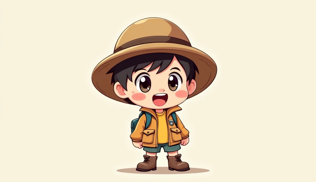 Create a chibi-style tiny explorer with a , an oversized head, and large, bright eyes. The character has an excited expression and wears a simple explorer’s outfit, including a jacket or shirt with small pockets, shorts, and oversized boots that are slight...