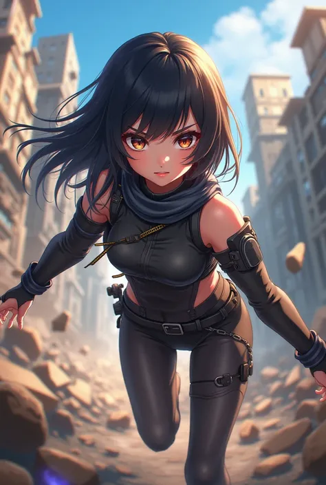 Anime style girl with dark hair and brown eyes playing Battle Royal 