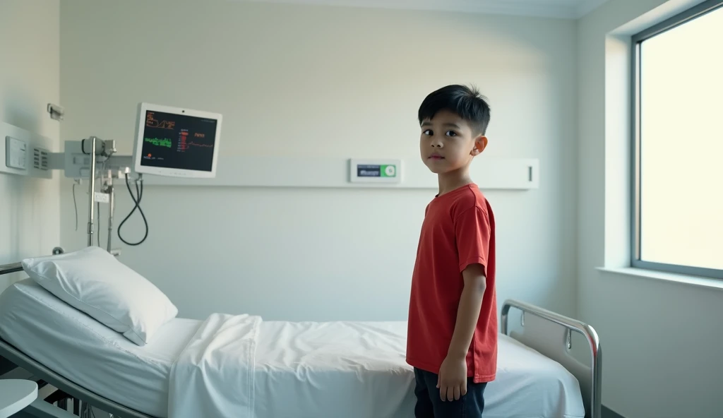 A photorealistic image of a beautiful  Indonesian boy standing beside a hospital bed, his expression neutral but observant. The room is clean and minimalist, with soft white walls, a patient monitor glowing faintly, and a neatly arranged bed with white lin...