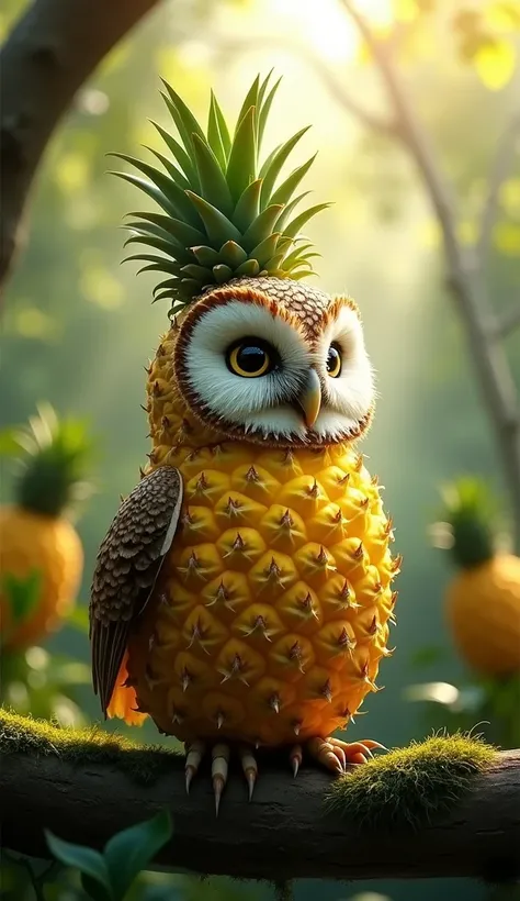 "Create a creative digital art composition titled Owl + Pineapple. The scene should feature:

Hybrid Animal: A fantastical hybrid animal that combines an owl and a pineapple. The owl’s head should be realistic, with sharp, intelligent eyes, soft feathers i...