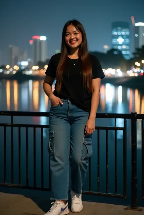 A 32K ultra HD resolution photo of a beautiful Korean woman chubby looking at the camera with long straight brown hairstyle. She is standing on the edge of a fenced lake in urban Jakarta, Indonesia. The woman is wearing a black t-shirt, blue cargo jeans, a...