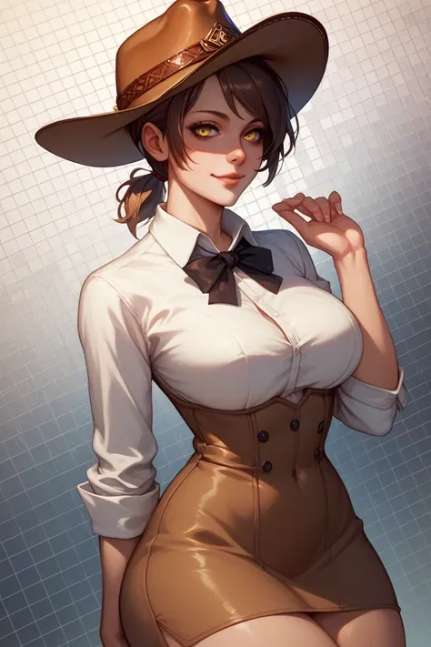 1girl, grid background, dutch angle, portrait, yellow eyes, short ponytail, large breasts, thick thighs, cowboy hat, dress shirt, yandere, lace trim, year 2008