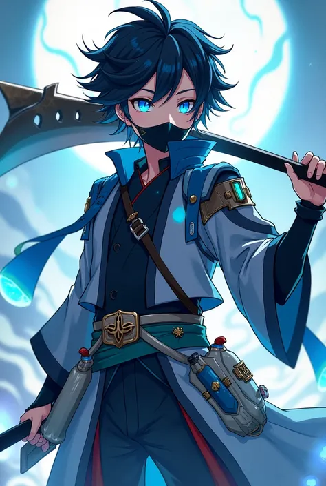 A character from Genshin Impact by Inazuma with hydro vision and his weapon, a Japanese halberd with black hair and blue eyes who wears a black mask to cover his mouth and who has chemical bottles tied to the side of his waist and is a boy.