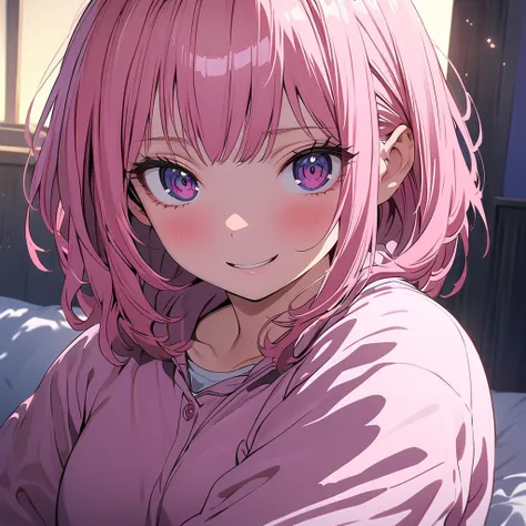 1female, school girl, ((alone)), (smiling:0.9), ((sad expression)), ((short pink hair)), violet eyes, long eyelashes, large breasts, pink pajamas, (bed room), golden hour, warm lighting, dim, masterpiece, ultra HD, anime style, (my hero academia art style)